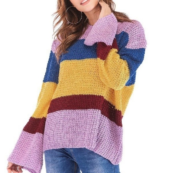 Cozy Striped Pullover Sweater Bell Sleeves - Picture 2 of 8